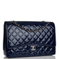 Chanel Maxi Classic Single Flap Bag Dark Blue Patent Silver Hardware