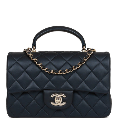 Chanel Mini Rectangular Flap Bag With Top Handle Dark Blue Lambskin Light Gold Hardware