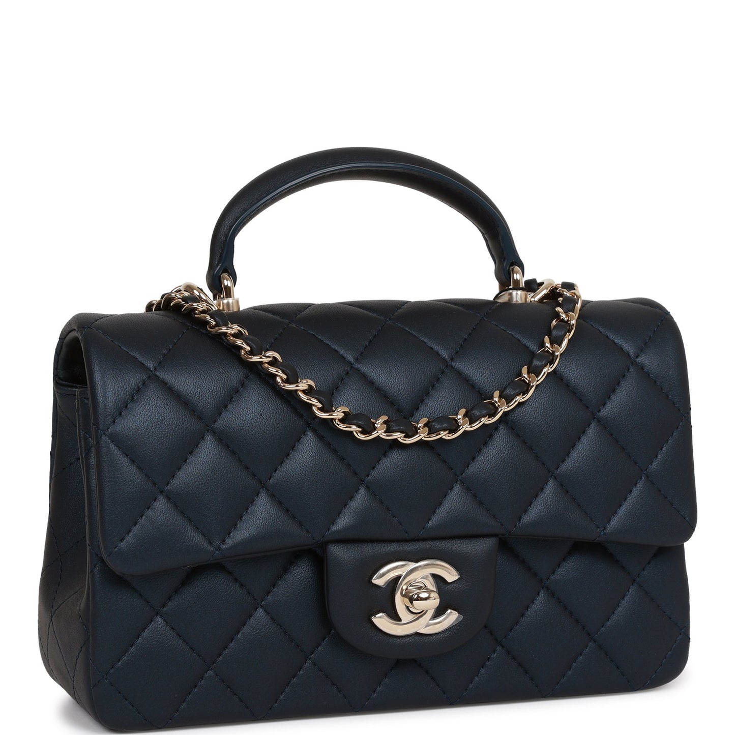 Chanel Mini Rectangular Flap Bag With Top Handle Dark Blue Lambskin Light Gold Hardware
