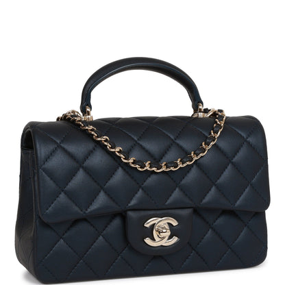 Chanel Mini Rectangular Flap Bag With Top Handle Dark Blue Lambskin Light Gold Hardware