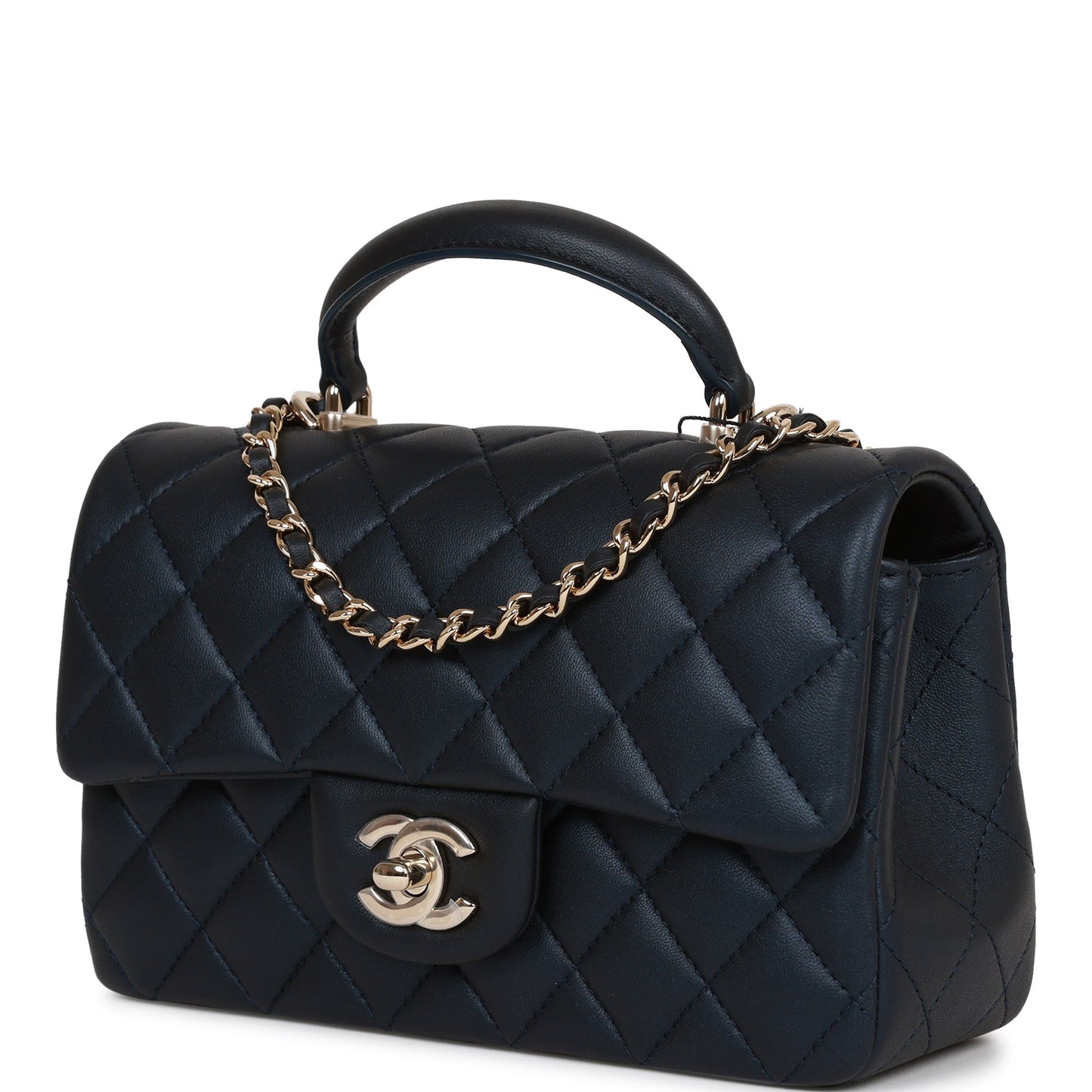 Chanel Mini Rectangular Flap Bag With Top Handle Dark Blue Lambskin Light Gold Hardware
