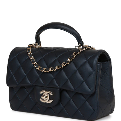 Chanel Mini Rectangular Flap Bag With Top Handle Dark Blue Lambskin Light Gold Hardware