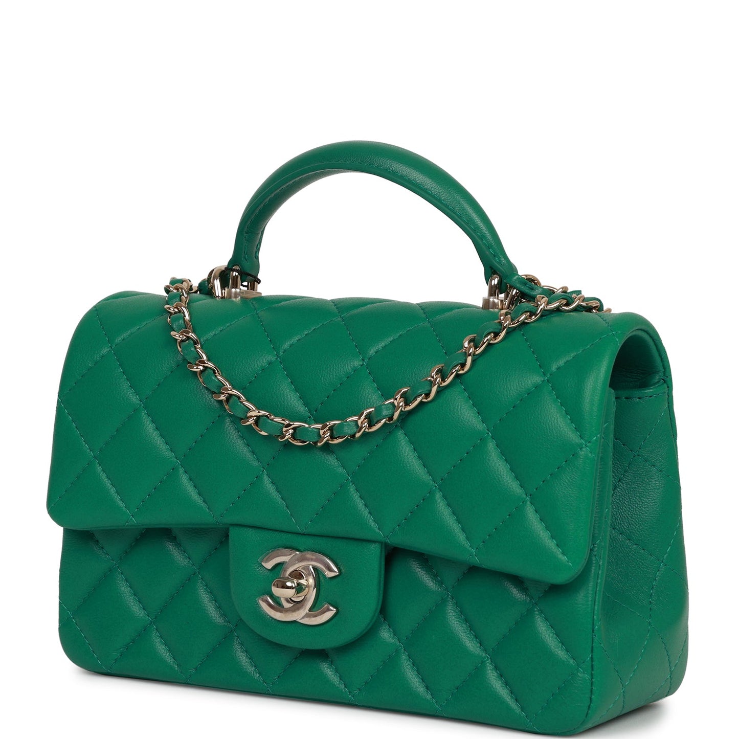 Chanel Mini Rectangular Flap With Top Handle Green Lambskin Light Gold Hardware