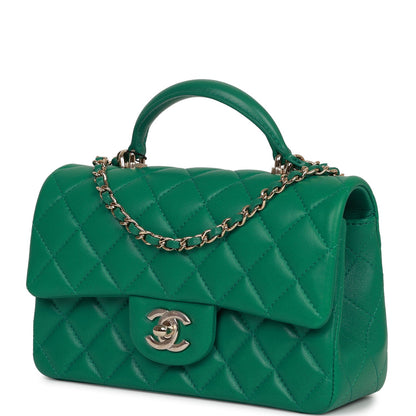 Chanel Mini Rectangular Flap With Top Handle Green Lambskin Light Gold Hardware