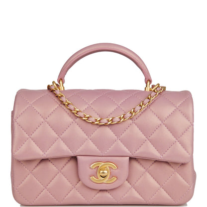 Chanel Mini Rectangular Flap Bag With Top Handle Pink Iridescent Lambskin Antique Gold Hardware
