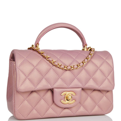 Chanel Mini Rectangular Flap Bag With Top Handle Pink Iridescent Lambskin Antique Gold Hardware