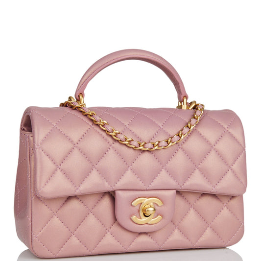Chanel Mini Rectangular Flap Bag With Top Handle Pink Iridescent Lambskin Antique Gold Hardware