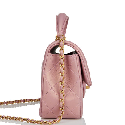 Chanel Mini Rectangular Flap Bag With Top Handle Pink Iridescent Lambskin Antique Gold Hardware