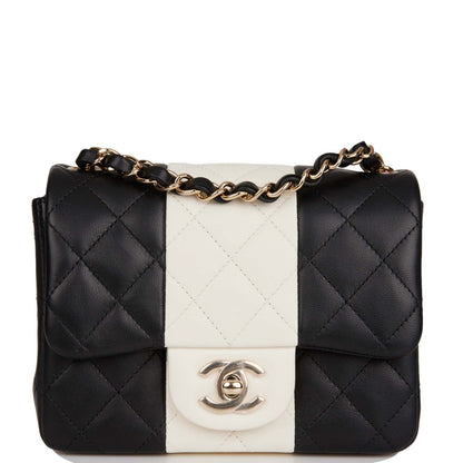 Chanel Mini Square Flap Bag Black And White Lambskin Light Gold Hardware
