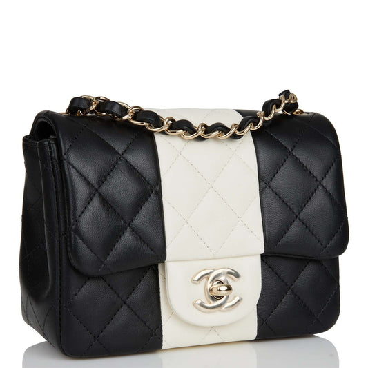 Chanel Mini Square Flap Bag Black And White Lambskin Light Gold Hardware