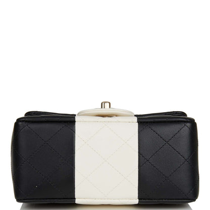 Chanel Mini Square Flap Bag Black And White Lambskin Light Gold Hardware