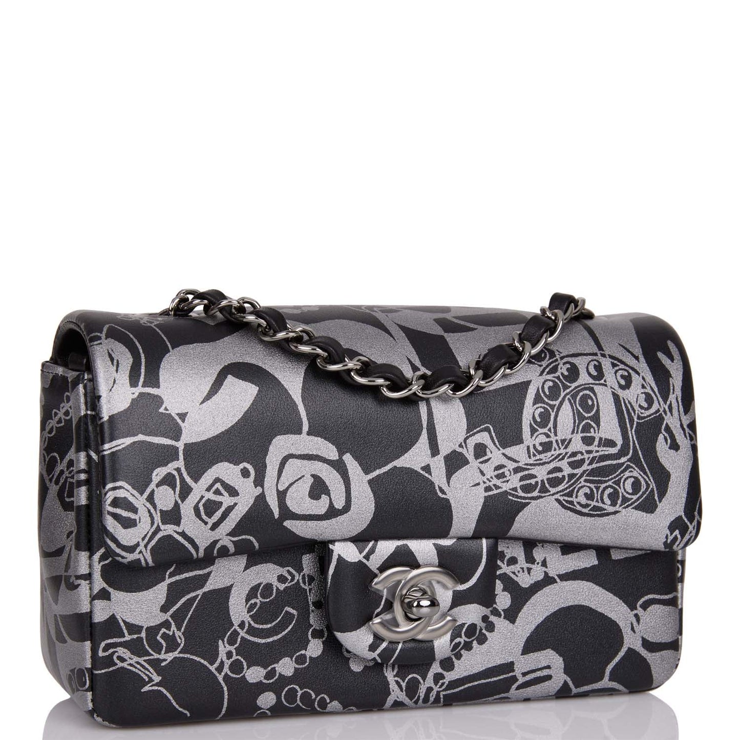 Chanel Mini Rectangular Flap Bag Black And Silver Printed Lambskin Silver Hardware