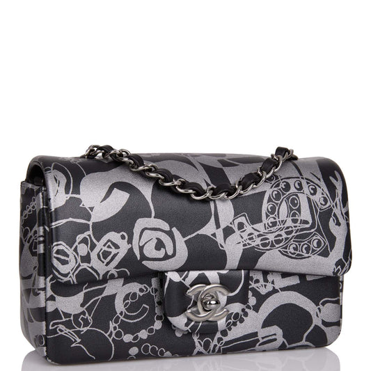 Chanel Mini Rectangular Flap Bag Black And Silver Printed Lambskin Silver Hardware