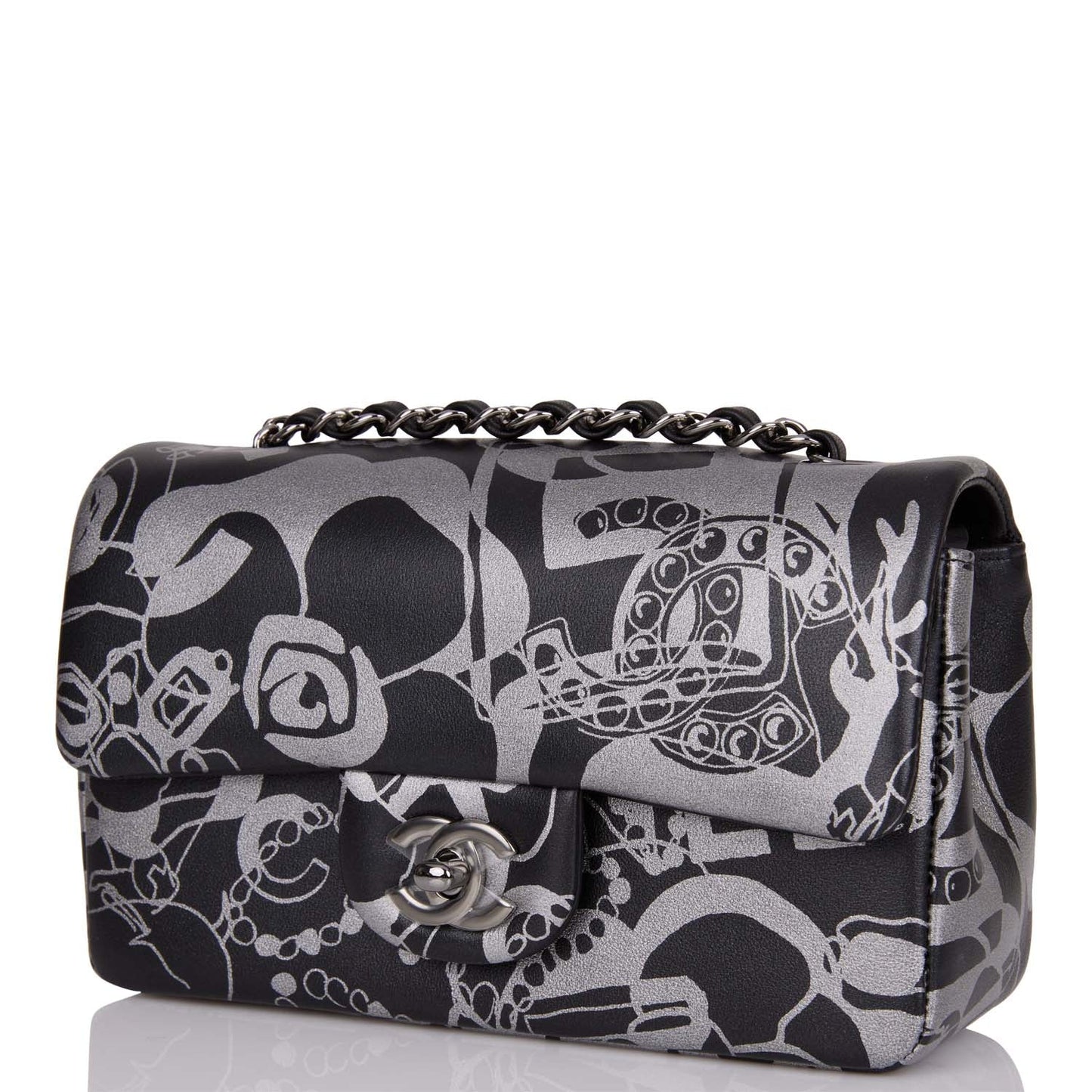 Chanel Mini Rectangular Flap Bag Black And Silver Printed Lambskin Silver Hardware