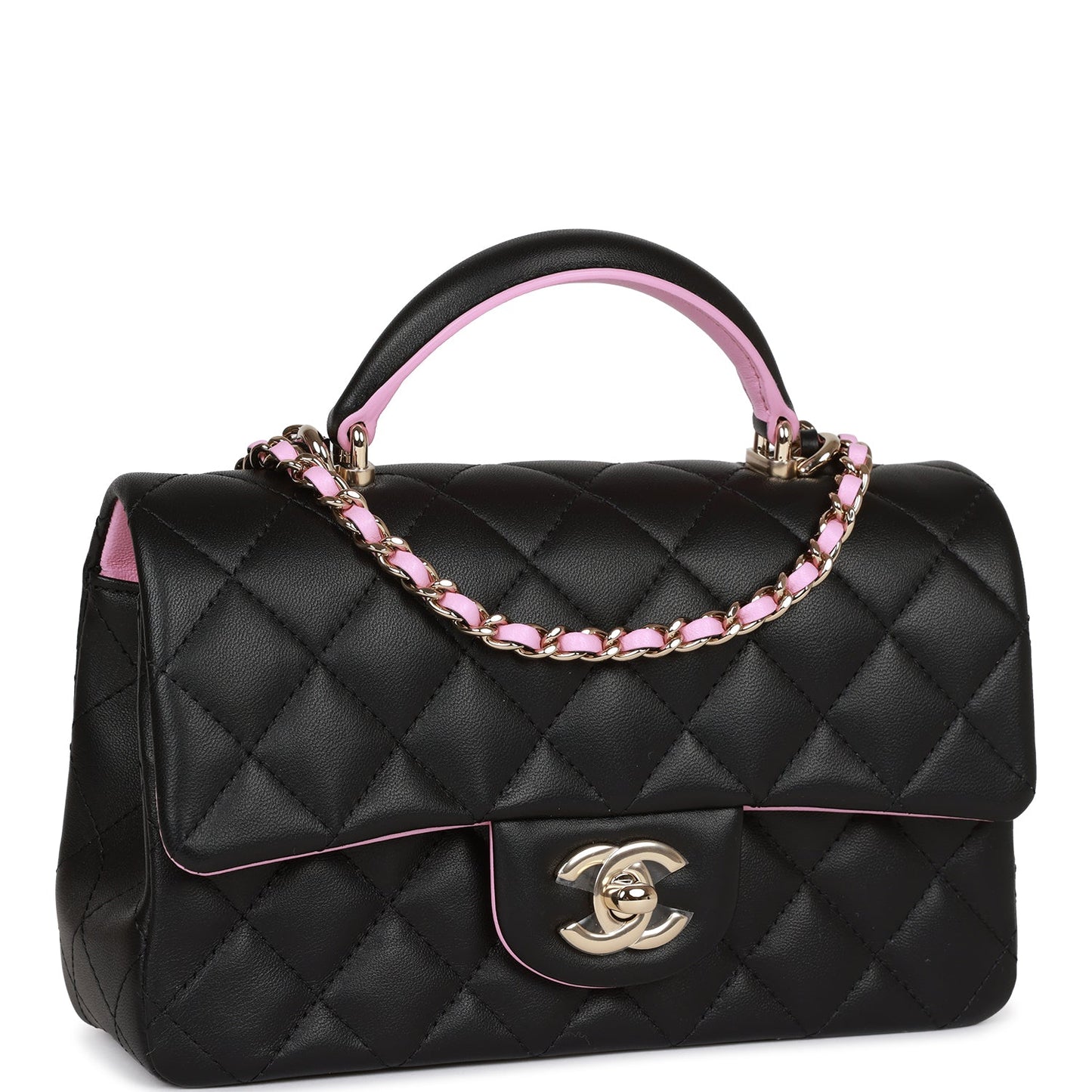 Chanel Mini Rectangular Flap Bag With Top Handle Black And Pink Lambskin Light Gold Hardware