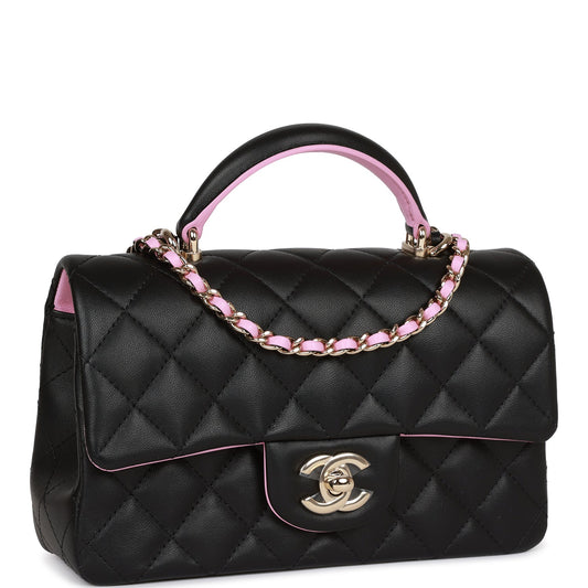 Chanel Mini Rectangular Flap Bag With Top Handle Black And Pink Lambskin Light Gold Hardware