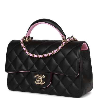 Chanel Mini Rectangular Flap Bag With Top Handle Black And Pink Lambskin Light Gold Hardware