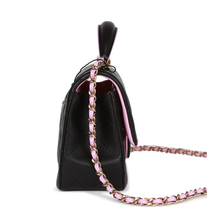 Chanel Mini Rectangular Flap Bag With Top Handle Black And Pink Lambskin Light Gold Hardware