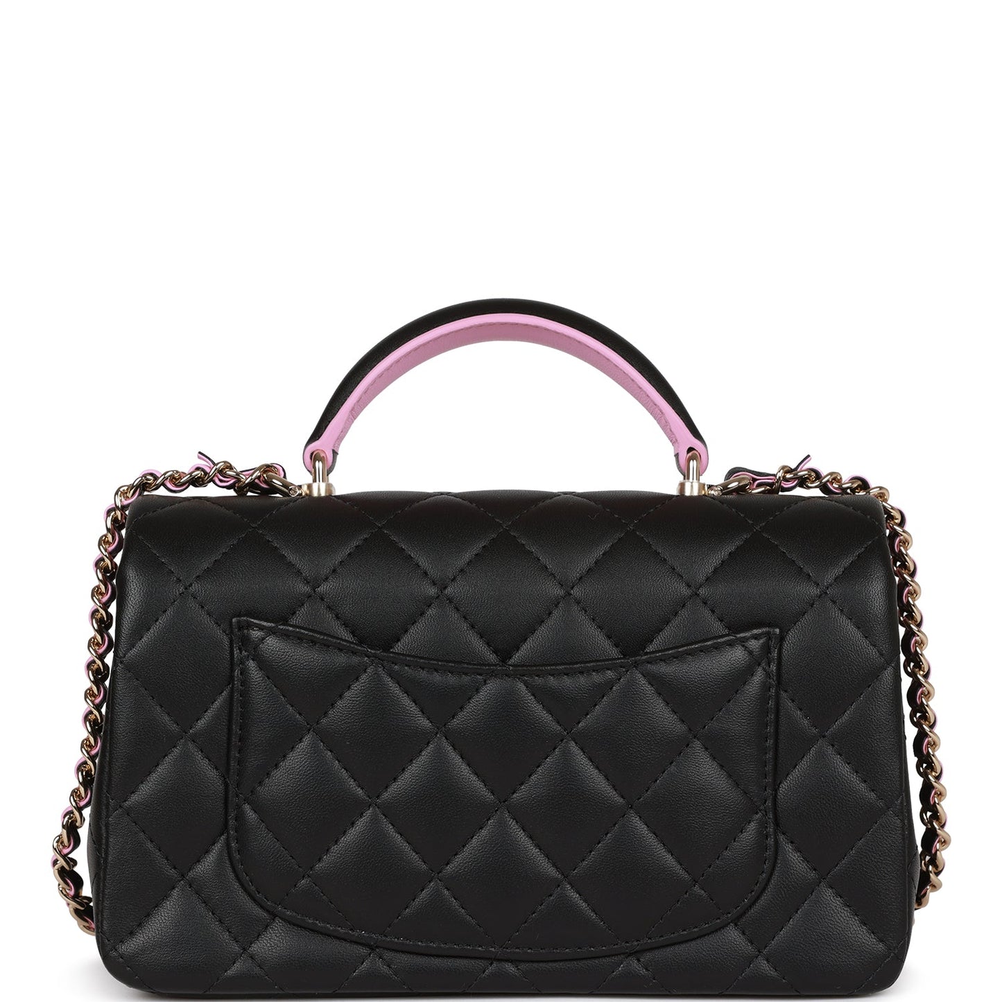 Chanel Mini Rectangular Flap Bag With Top Handle Black And Pink Lambskin Light Gold Hardware