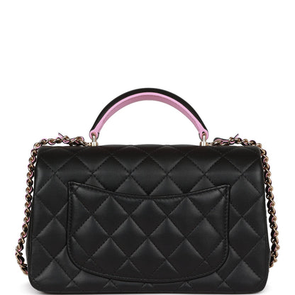 Chanel Mini Rectangular Flap Bag With Top Handle Black And Pink Lambskin Light Gold Hardware