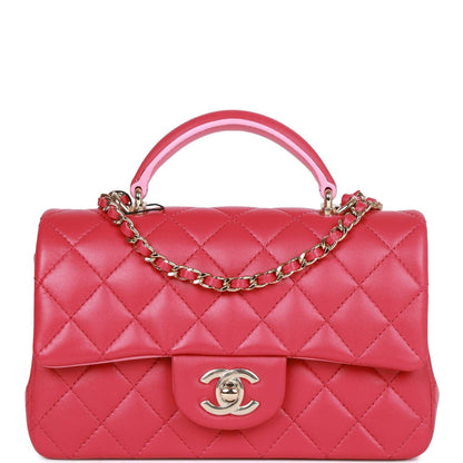 Chanel Mini Rectangular Flap With Top Handle Pink Lambskin Light Gold Hardware