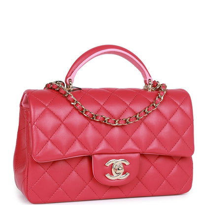 Chanel Mini Rectangular Flap With Top Handle Pink Lambskin Light Gold Hardware