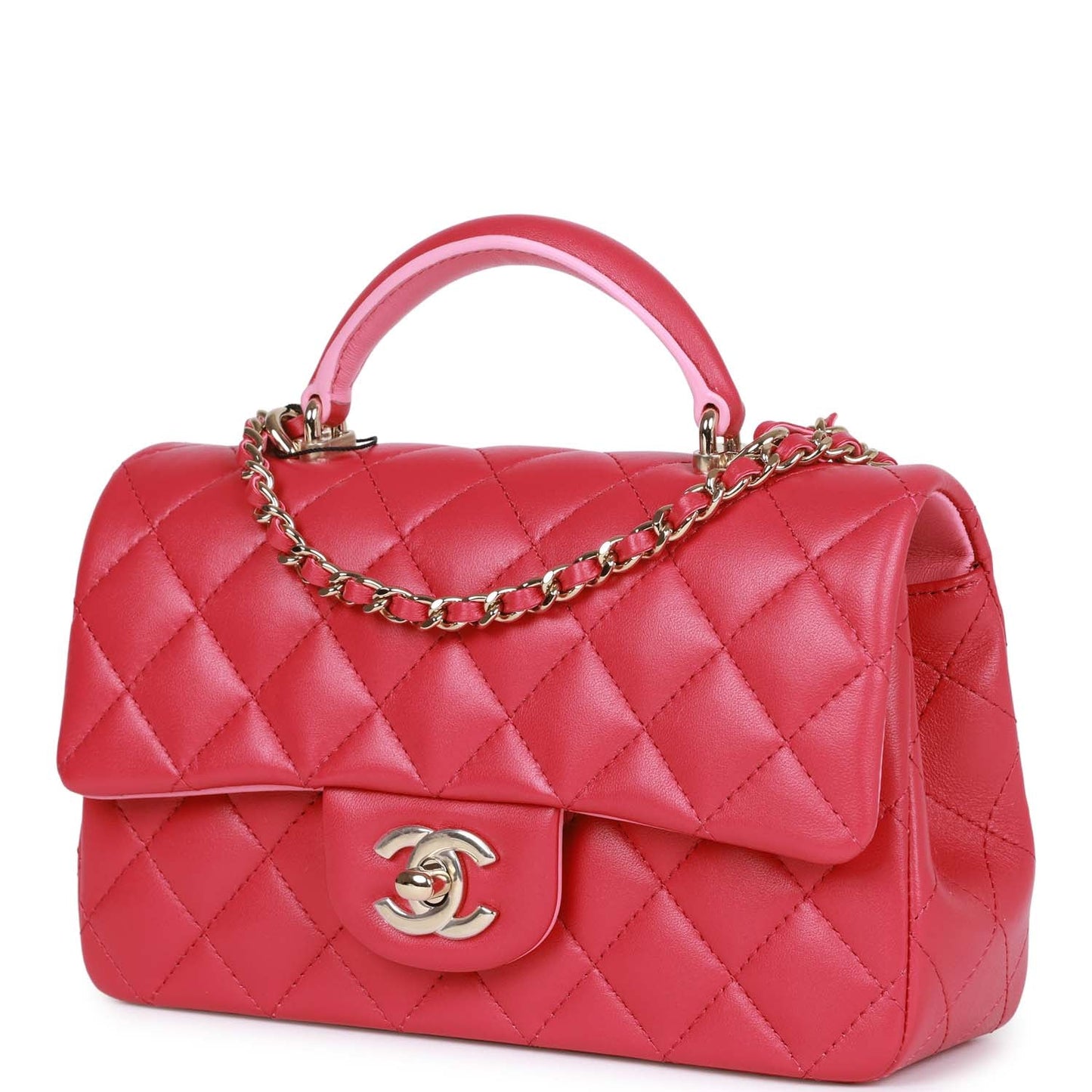 Chanel Mini Rectangular Flap With Top Handle Pink Lambskin Light Gold Hardware