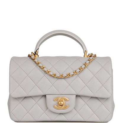 Chanel Mini Rectangular Flap Bag With Top Handle Grey Lambskin Antique Gold Hardware