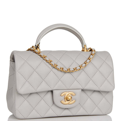 Chanel Mini Rectangular Flap Bag With Top Handle Grey Lambskin Antique Gold Hardware