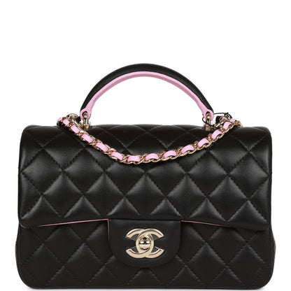 Chanel Mini Rectangular Flap With Top Handle Black And Pink Lambskin Light Gold Hardware