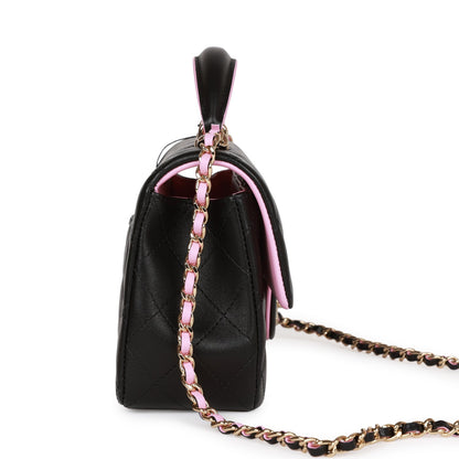 Chanel Mini Rectangular Flap With Top Handle Black And Pink Lambskin Light Gold Hardware