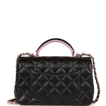 Chanel Mini Rectangular Flap With Top Handle Black And Pink Lambskin Light Gold Hardware