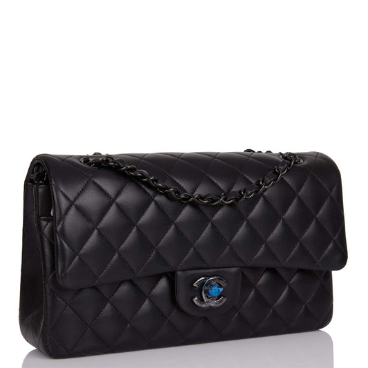 Chanel Medium Classic Double Flap Bag So Black Lambskin Quilted Black Hardware