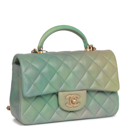 Chanel Mini Rectangular Flap Bag With Top Handle Green Ombre Lambskin Antique Gold Hardware