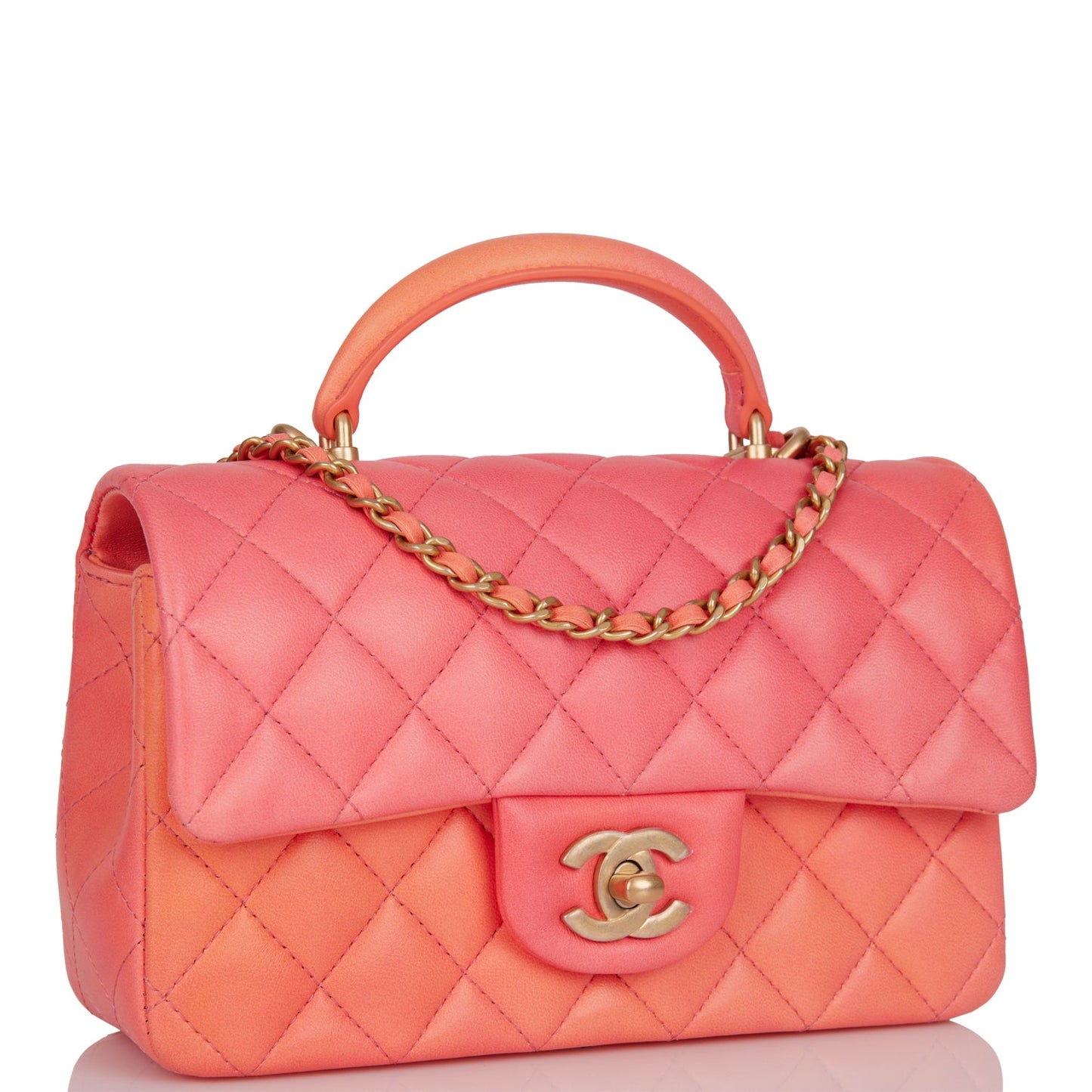Chanel Mini Rectangular Flap Bag With Top Handle Orange Ombre Lambskin Antique Gold Hardware
