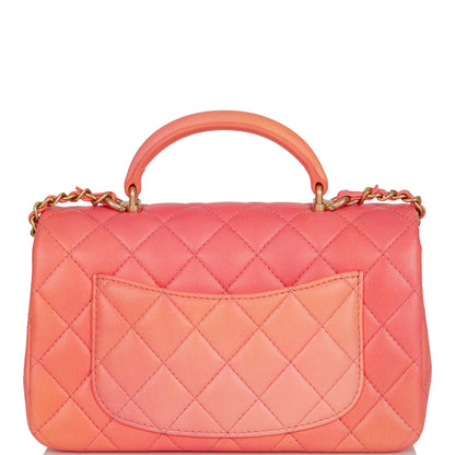 Chanel Mini Rectangular Flap Bag With Top Handle Orange Ombre Lambskin Antique Gold Hardware