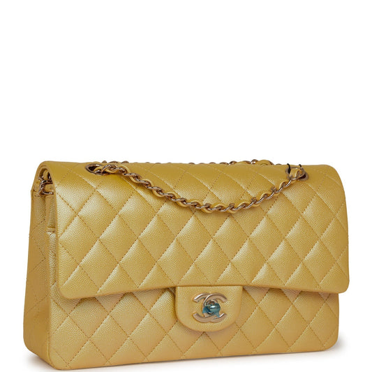 Chanel Medium Classic Double Flap Bag Yellow Iridescent Caviar Light Gold Hardware