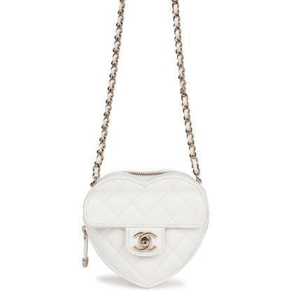 Chanel Cc In Love Heart Clutch With Chain White Lambskin Light Gold Hardware