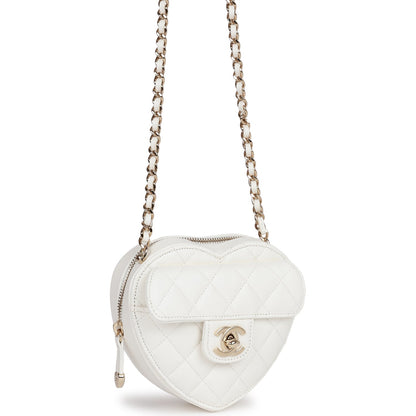 Chanel Cc In Love Heart Clutch With Chain White Lambskin Light Gold Hardware