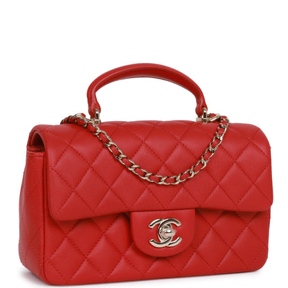 Chanel Mini Rectangular Flap Bag With Top Handle Red Lambskin Light Gold Hardware