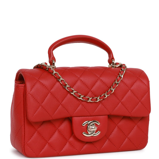 Chanel Mini Rectangular Flap Bag With Top Handle Red Lambskin Light Gold Hardware