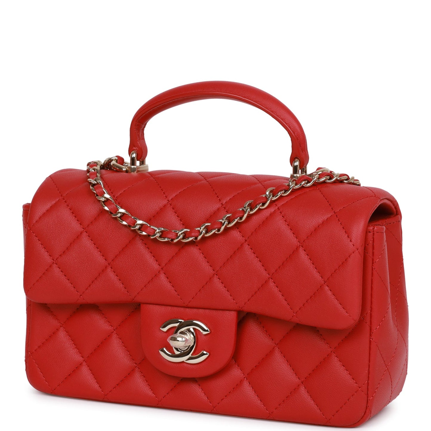 Chanel Mini Rectangular Flap Bag With Top Handle Red Lambskin Light Gold Hardware
