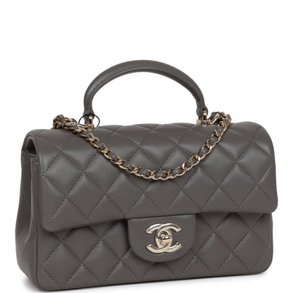 Chanel Mini Rectangular Flap Bag With Top Handle Dark Grey Lambskin Light Gold Hardware