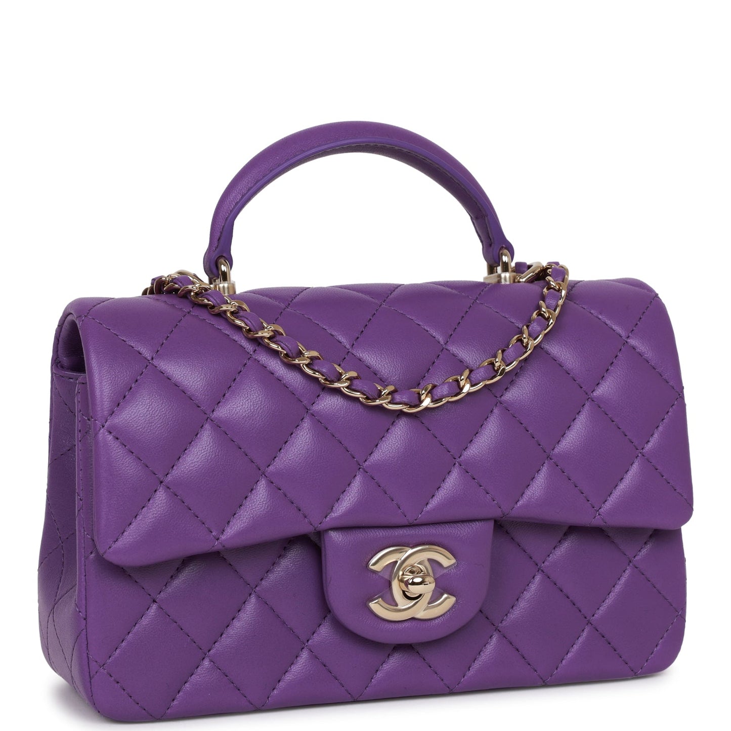 Chanel Mini Rectangular Flap With Top Handle Purple Lambskin Light Gold Hardware