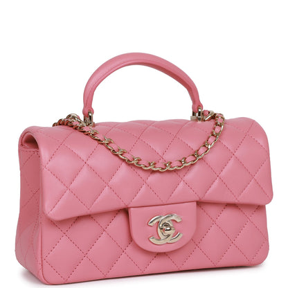 Chanel Mini Rectangular Flap With Top Handle Dark Pink Lambskin Light Gold Hardware