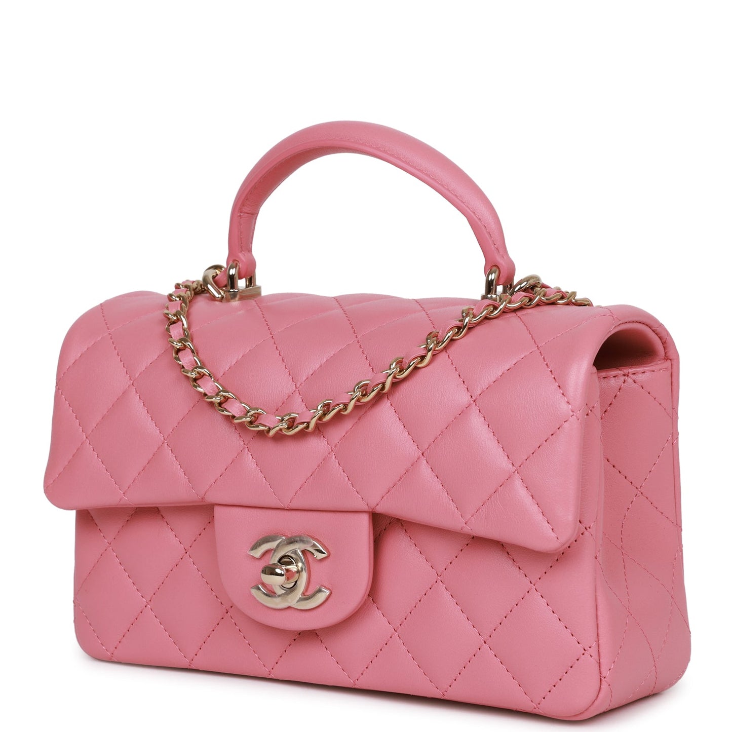 Chanel Mini Rectangular Flap With Top Handle Dark Pink Lambskin Light Gold Hardware