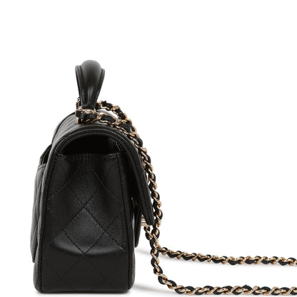 Chanel Mini Rectangular Flap Bag With Top Handle Black Lambskin Light Gold Hardware