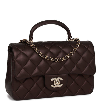 Chanel Mini Rectangular Flap Bag With Top Handle Burgundy Lambskin Light Gold Hardware