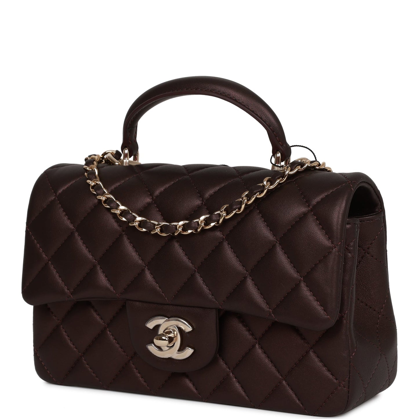 Chanel Mini Rectangular Flap Bag With Top Handle Burgundy Lambskin Light Gold Hardware