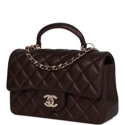 Chanel Mini Rectangular Flap Bag With Top Handle Burgundy Lambskin Light Gold Hardware